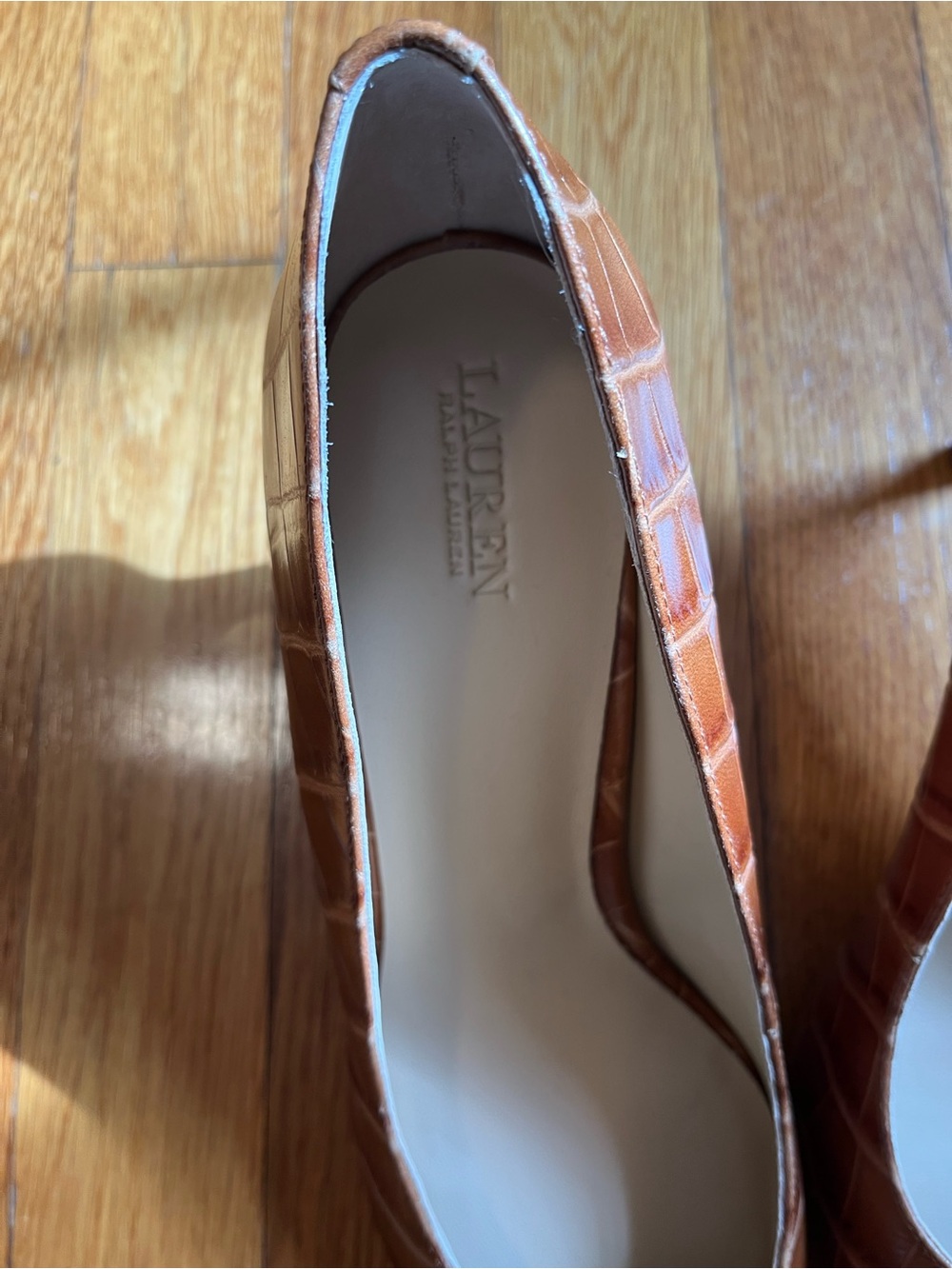 New Lauren Ralph Lauren Lanette GSLY Embossed Crocodile Brown Pumps Sz 10 Read - Picture 2 of 12